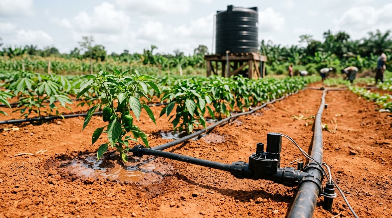 Drip irrigation lateral watering a planted crop row in red laterite soil.